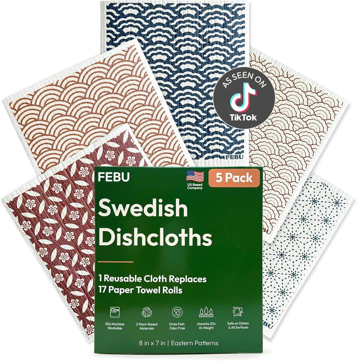 FEBU Swedish Dishcloths for Kitchen | 5 Pack Watercolor Reusable Paper Towels Washable | Swedish Dish Towels | Non-Scratch Cellulose Sponge Cloths | No Odor, Biodegradable Cleaning Cloths