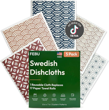FEBU Swedish Dishcloths for Kitchen | 5 Pack Watercolor Reusable Paper Towels Washable | Swedish Dish Towels | Non-Scratch Cellulose Sponge Cloths | No Odor, Biodegradable Cleaning Cloths
