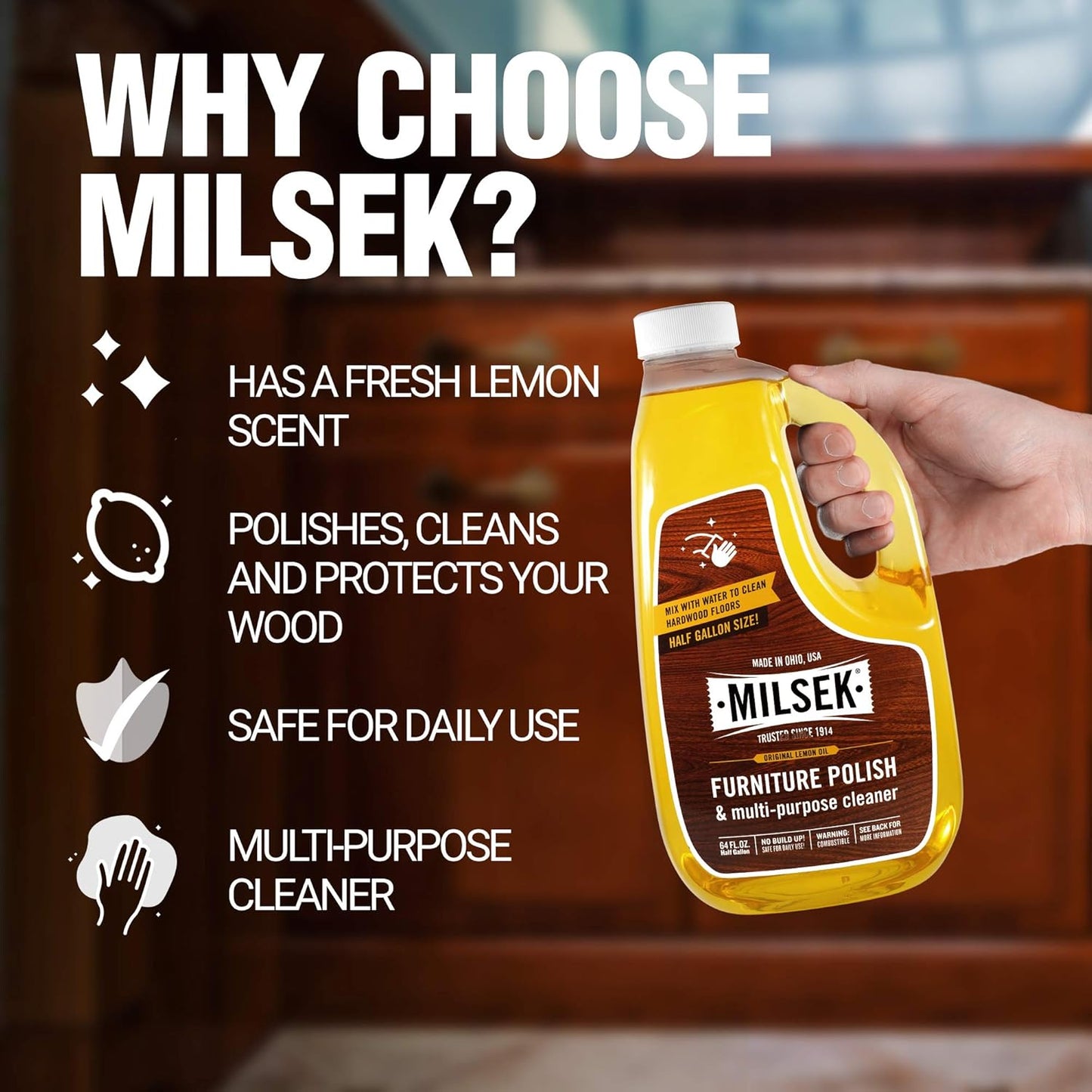 Milsek Furniture Polish and Wood Cleaner with Lemon Oil - Multipurpose Solution for Home Improvement from Hardwood Floors to Kitchen Cabinets - 12 Fl Oz (Pack of 1)