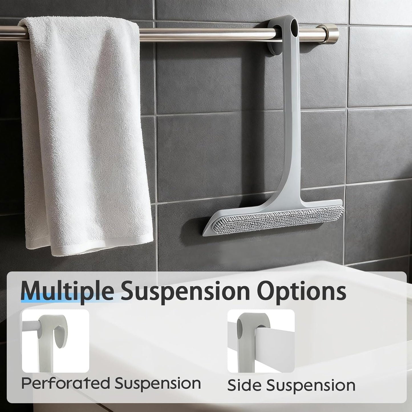 16.7“- 59.5" Long Handle Window Squeegee with Extension Pole, 12.4" Wide Metal Shower Squeegee for Glass Doors, 2-in-1 Squeegee for Home Window Cleaning, Tile Wall, Car (Silver)