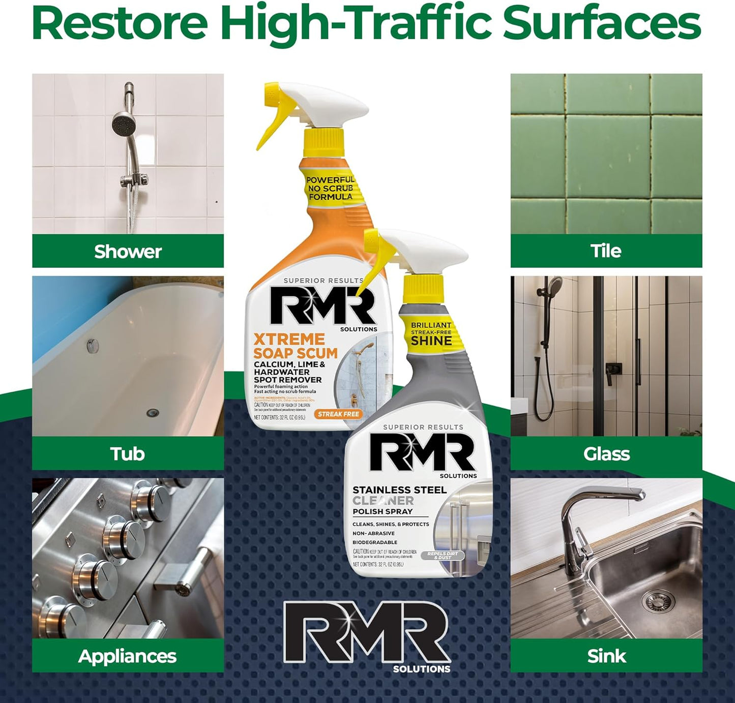 RMR Buildup Breakdown Bundle – Xtreme Soap Scum Remover + Stainless Steel Cleaner Polish, 2-Step Bathroom & Kitchen Cleaning Kit for Shower, Tub, Tile, Glass & Stainless Appliances, 2–32 Oz Bottles