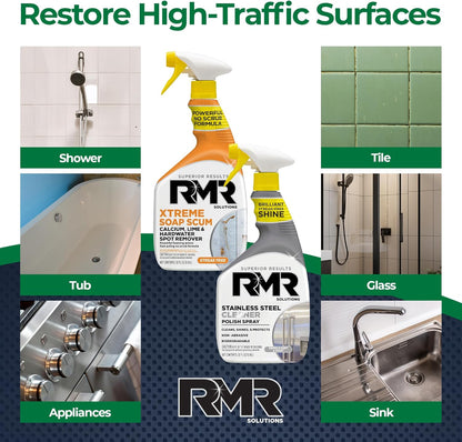 RMR Buildup Breakdown Bundle – Xtreme Soap Scum Remover + Stainless Steel Cleaner Polish, 2-Step Bathroom & Kitchen Cleaning Kit for Shower, Tub, Tile, Glass & Stainless Appliances, 2–32 Oz Bottles