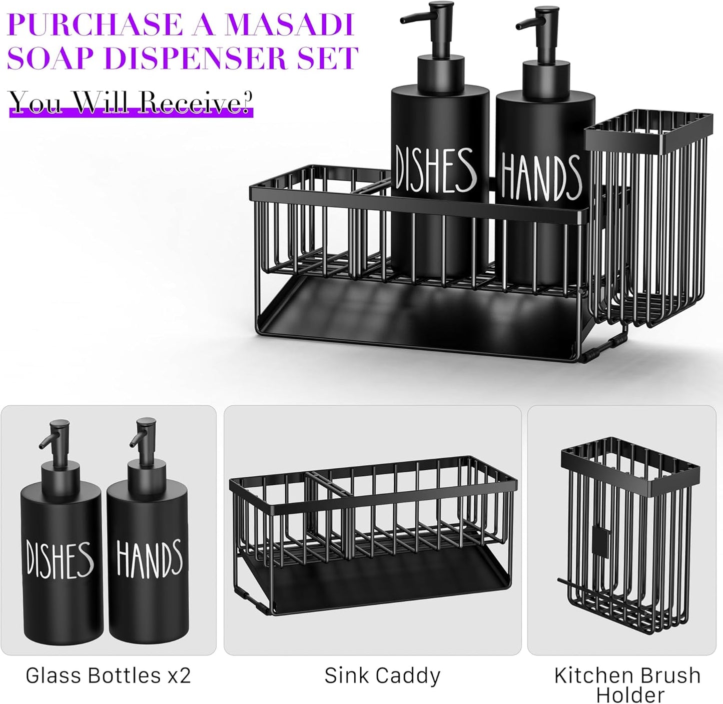 MASADI Kitchen Sink Caddy with Dish Soap Dispenser Set, 12OZ Glass Bottle, Hand and Dish Soap Dispenser Set, Non-Slip Silicone Pad, Brush Holder, Kitchen Sink Organizer Countertop (Black+Clear)