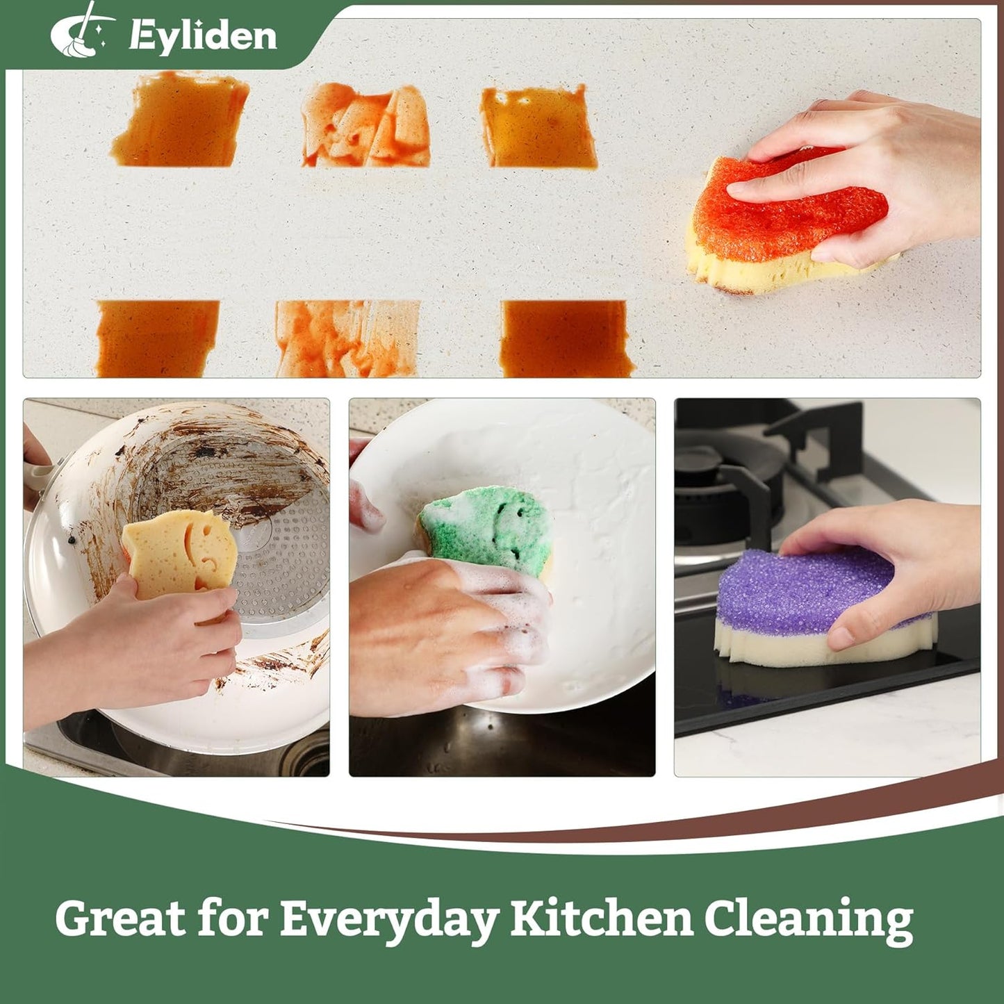 Eyliden 6 Pack Scrub Sponge - Dual-Sided, Smart-Temp Firmness, Dish Scrubber, Non-Scratch, Multi-Surface Safe Cleaning Sponges for Kitchen, Bathroom, Dish Scrubbing