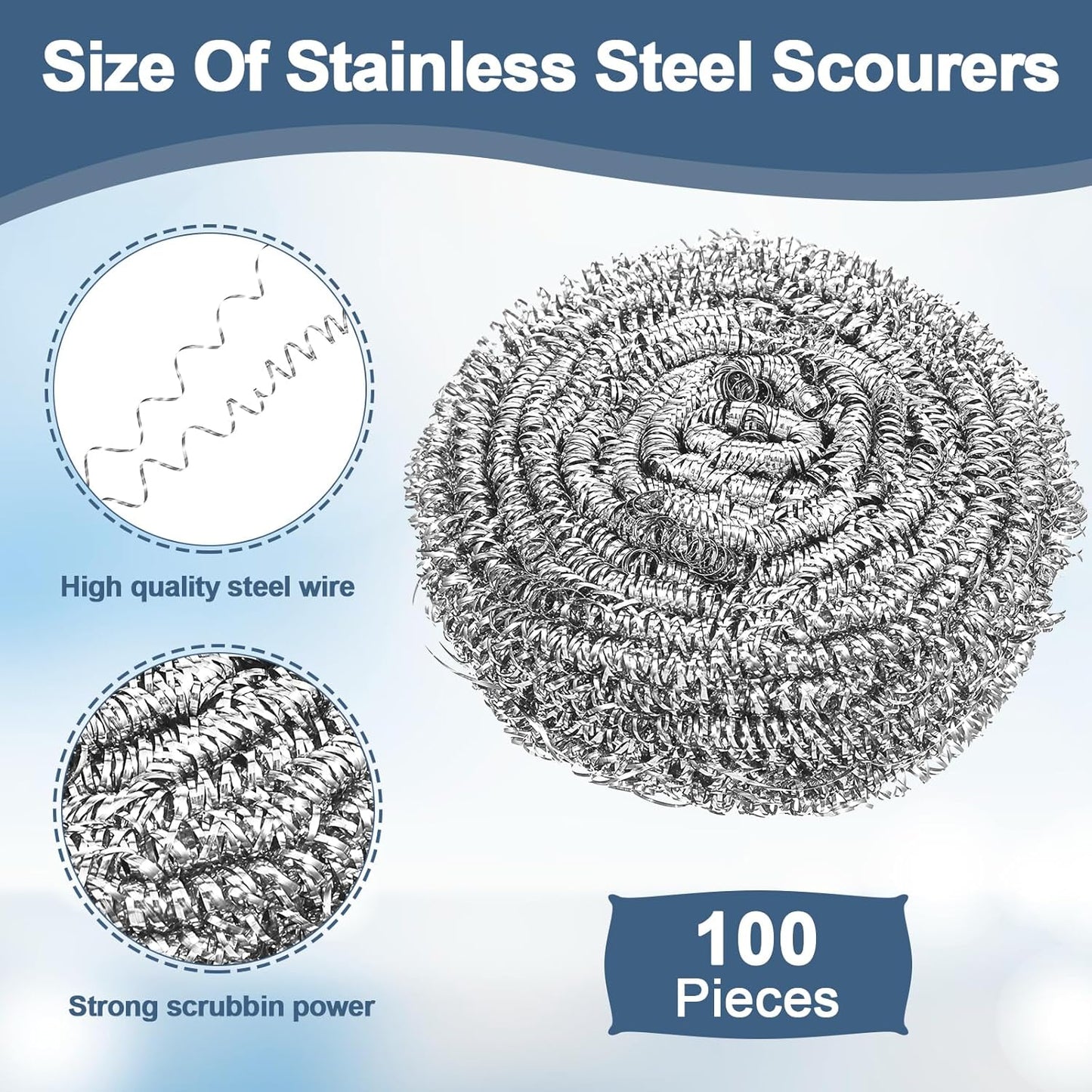 100 Pieces Stainless Steel Scrubber Bulk, 18G Heavy Duty Metal Scouring Pad for Kitchen, Bathroom, Oven, Grill, Pot, Pan Cleaning - Rust Resistant & Reusable