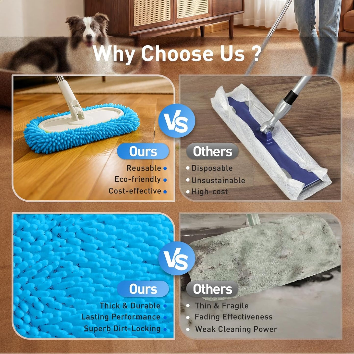6 Pack Reusable Microfiber Mop Pads Compatible with Sweeper Mops, Replacement Mopping Pads Dry Sweeping Cloths, Washable Chenille Flat Mops Refills for Mopping Floor Cleaning (Mop is not Included)