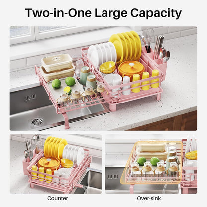 SNTD Dish Drying Rack - Extendable Dish Rack, Large Sink Drying Dish Drainer for Kitchen Counter, Stainless Steel Dish Strainer with Utensil Holder (Black)