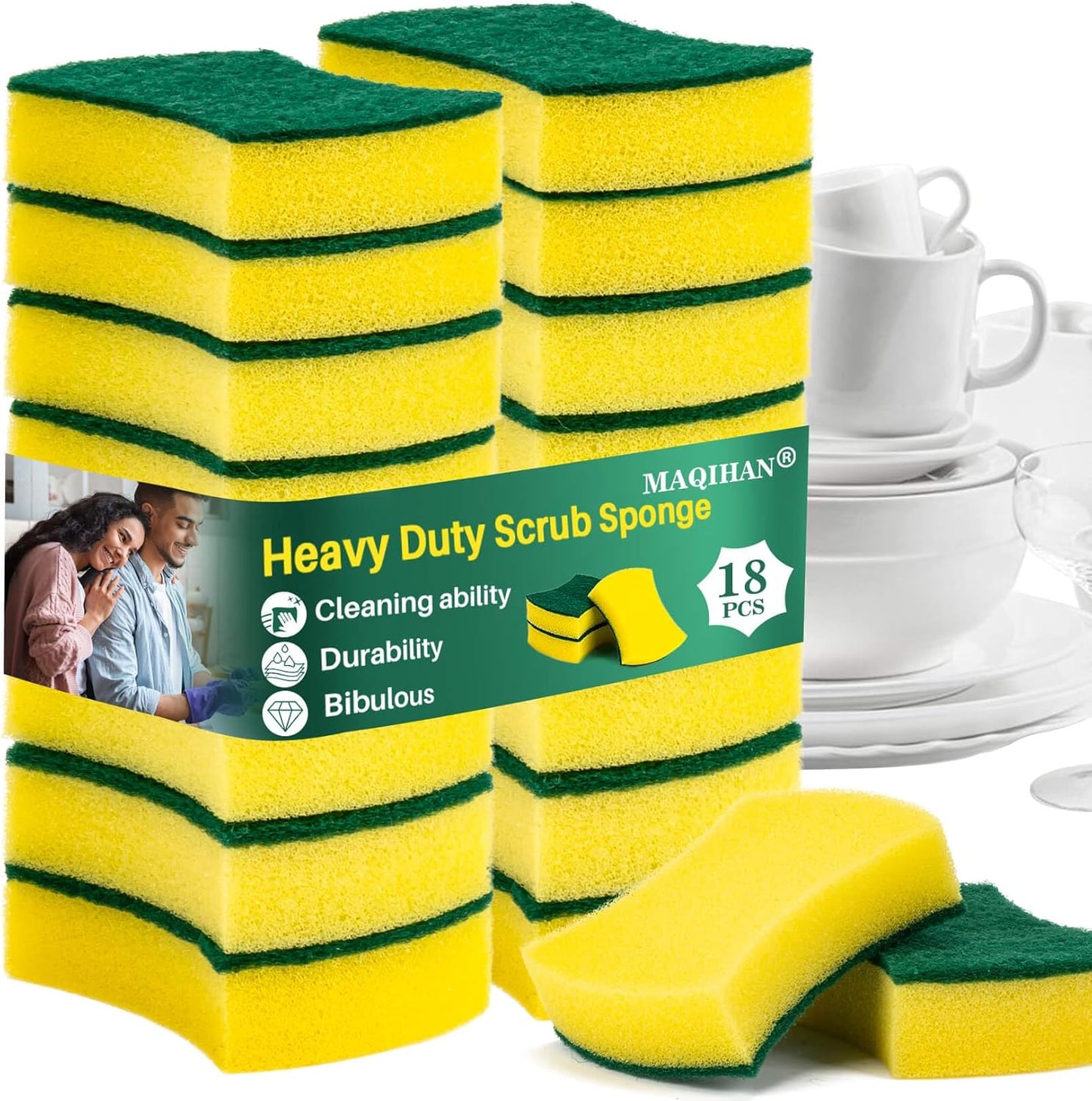 MAQIHAN 18PCS Heavy Duty Scrub Sponge - Dish Scrubber Sponge Non Scratch Double Sided Reusable Cleaning Scouring for Kitchen Dishes, Pots, Pans, Sink Bulk Household Cleaning.