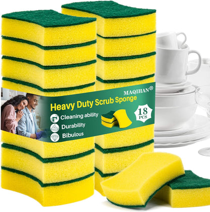 MAQIHAN 18PCS Heavy Duty Scrub Sponge - Dish Scrubber Sponge Non Scratch Double Sided Reusable Cleaning Scouring for Kitchen Dishes, Pots, Pans, Sink Bulk Household Cleaning.
