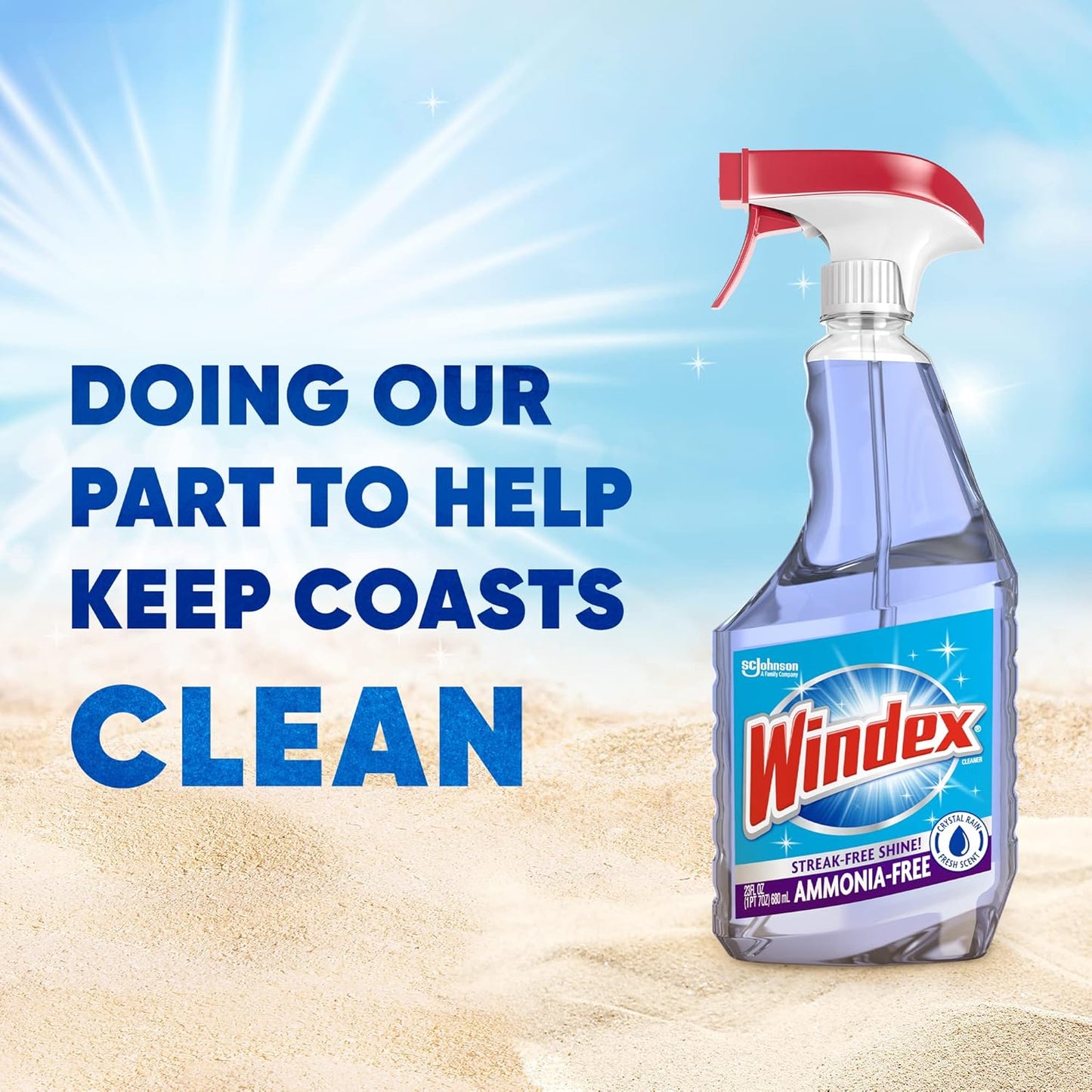 Windex Glass and Window Cleaner Spray Bottle, Ammonia Free, Bottle Made from 100% Recovered Coastal Plastic, Surface Cleaning Spray, Crystal Rain Scent, 23 Fl Oz