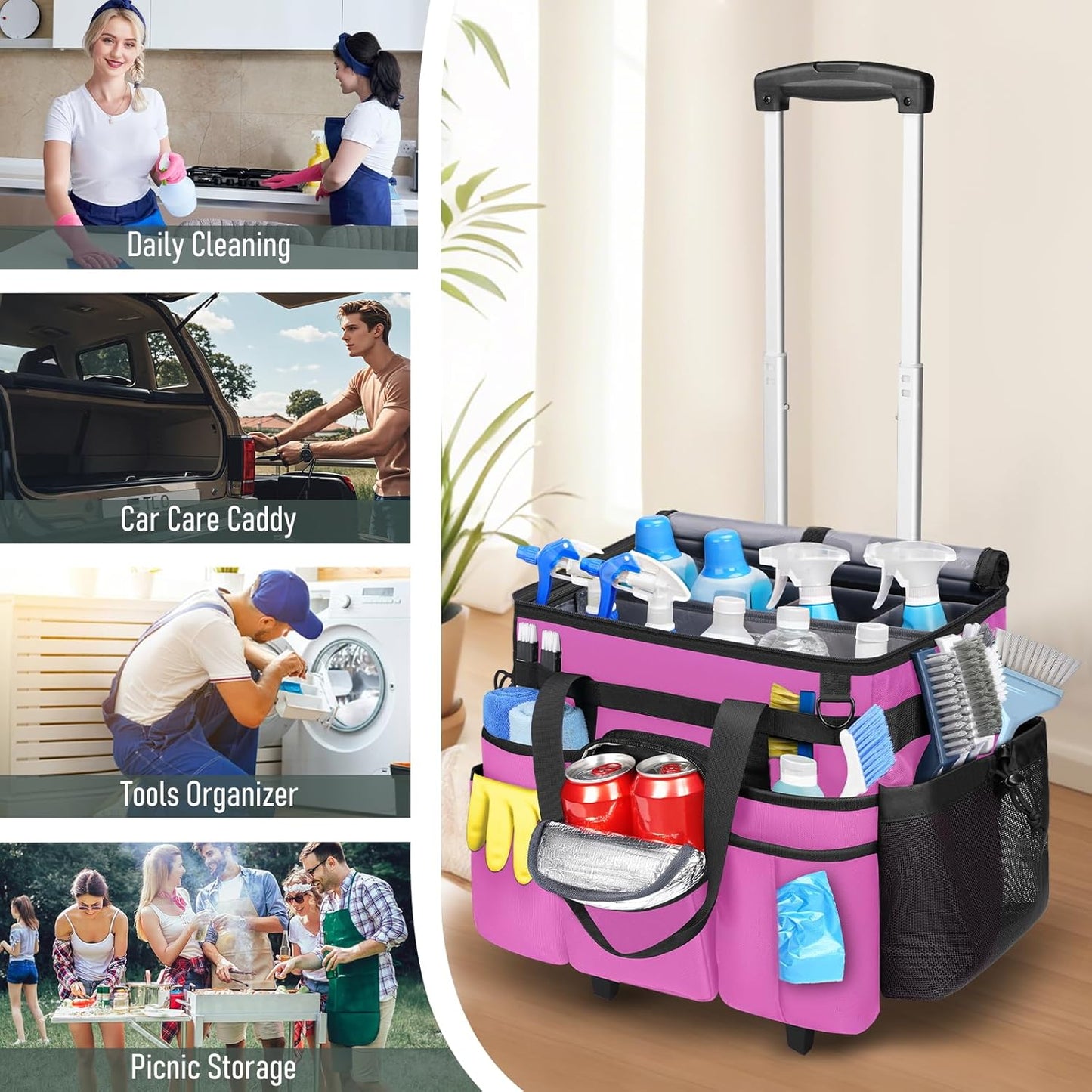 Ytonet Cleaning Caddy with Wheels, Extra Large Rolling Cleaning Caddy Bag with Detachable Trolley for Housekeepers, Water Resistant Cleaner Supplies Organizer with Wheels for Kitchen, Tool Organizer