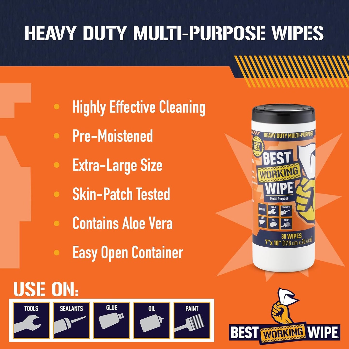 Heavy-Duty Disposable Industrial Work Cleaning Wipes Multi-Purpose, Cleans Paint, Oil, Grime, Grease, Shoes, Engines, Tools, Extra Large, 7” x 10”, 30 Wipes