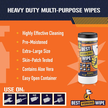 Heavy-Duty Disposable Industrial Work Cleaning Wipes Multi-Purpose, Cleans Paint, Oil, Grime, Grease, Shoes, Engines, Tools, Extra Large, 7” x 10”, 30 Wipes