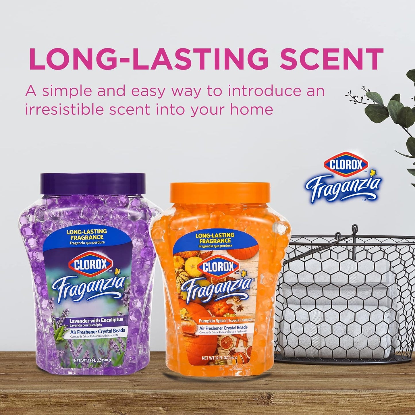 Clorox Fraganzia Crystal Beads Air Freshener, Long Lasting Room Deodorizer and Odor Eliminator Gel Beads to Freshen Home, Car, or Office, Lavender with Eucalyptus Scent, 12 Fl Oz