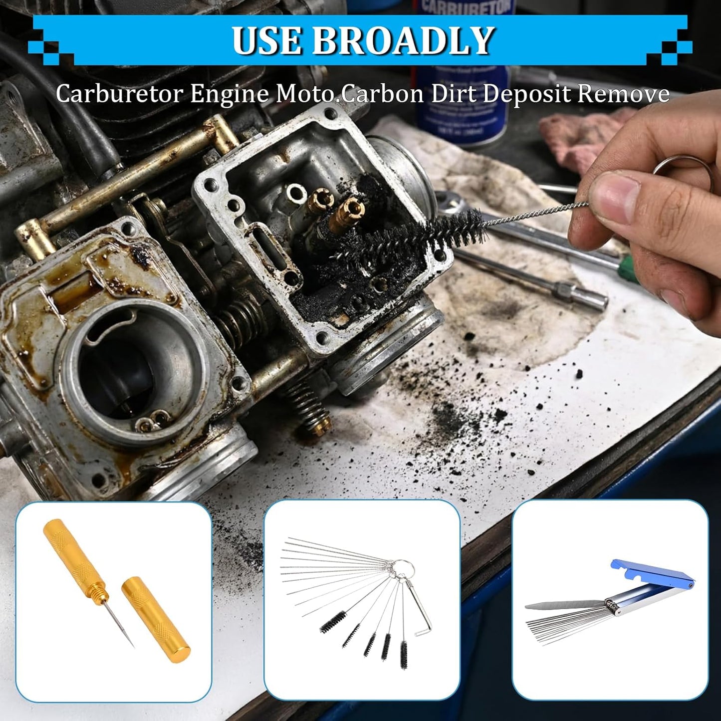 Carburetor Cleaning Kit, 13 Stainless Steel Wires, 10 Needles, 5 Nylon Brushes, 1 Pick, Torch Tip Cleaner Tool For Motorcycle, Lawnmower, Atv, Chainsaw, Spray Gun, Small Engine