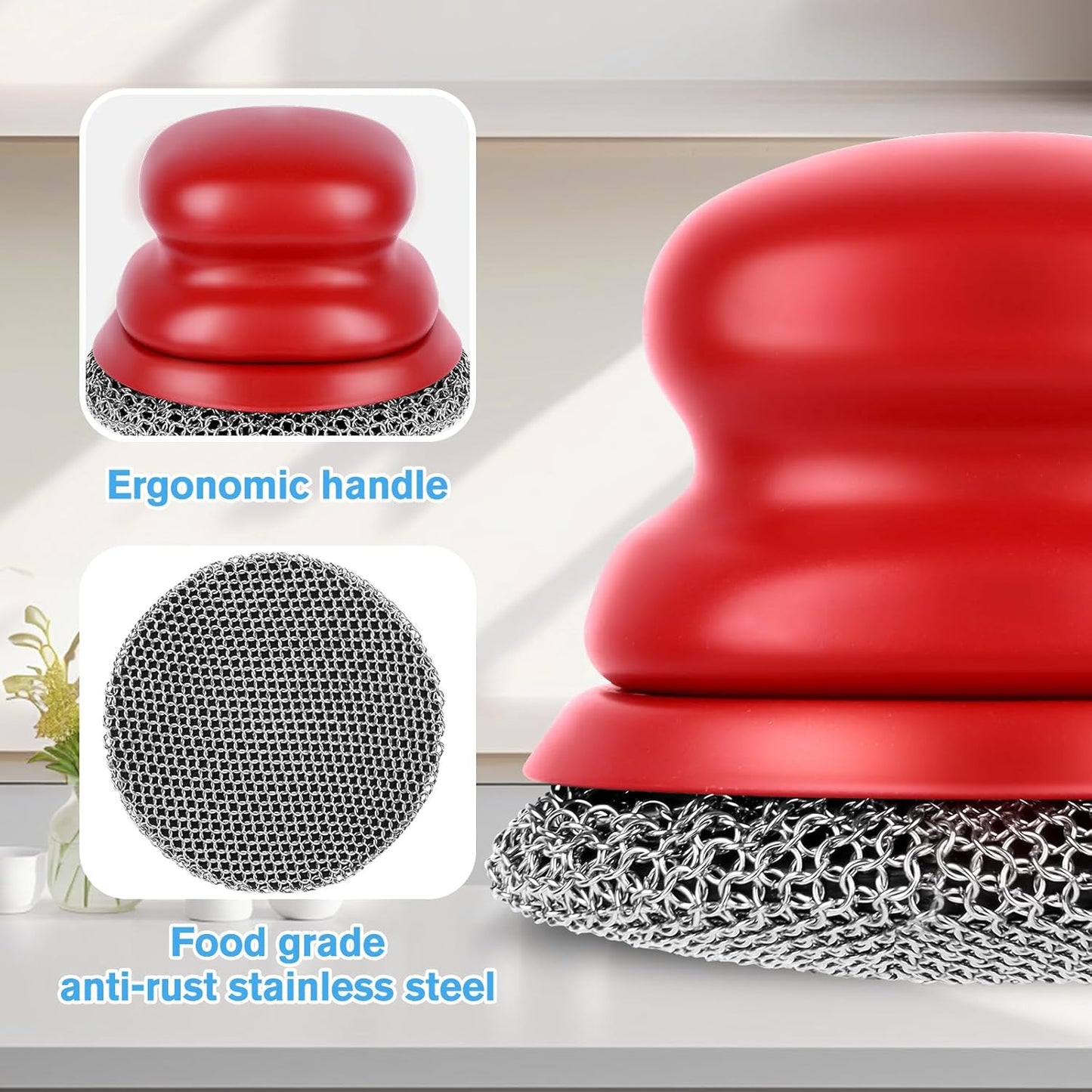Onewly Cast Iron Scrubber and Scraper, Chain Mail Scrubber Cast Iron for Cleaning Dishes, Stock Pots, Pans, Griddles, Grills, Dish Scouring Pads