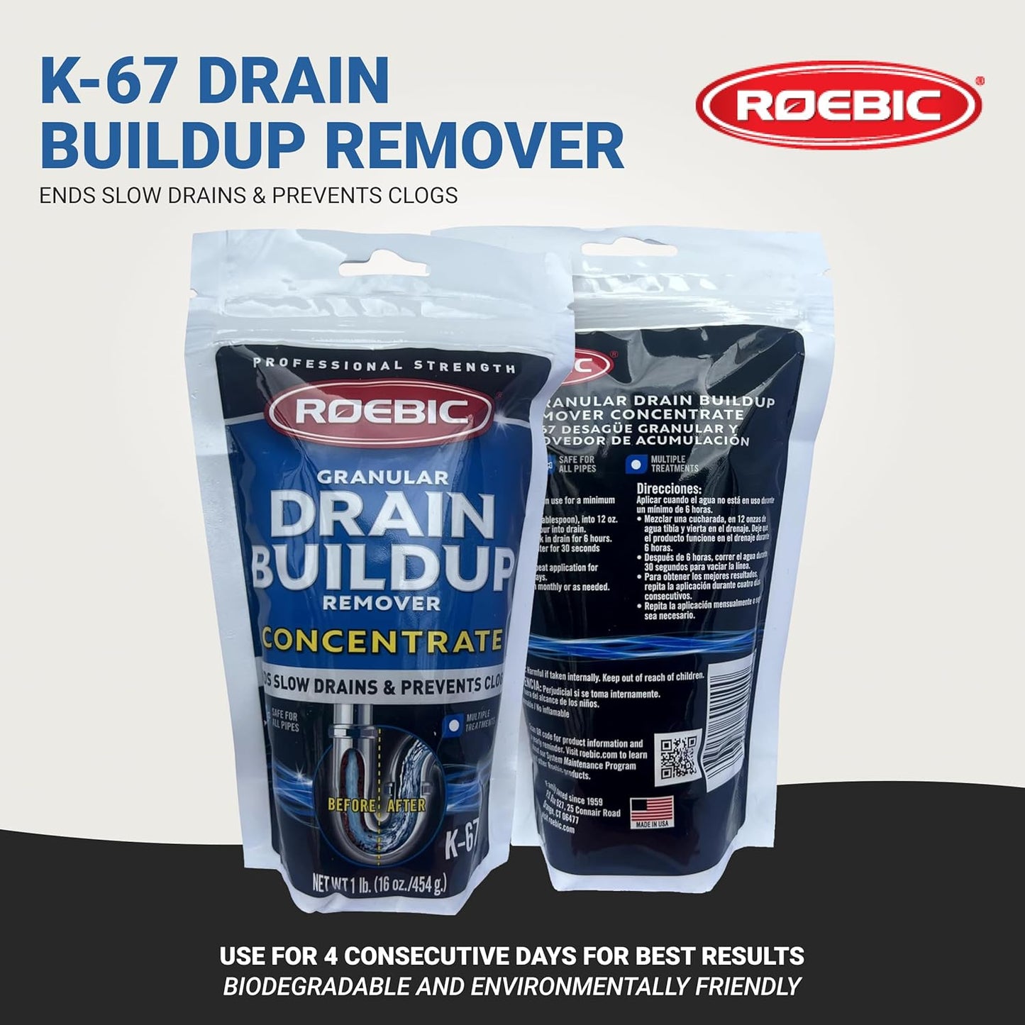 Roebic K-67 Liquid Drain Cleaner, Pipe Buildup Remover with Bacteria Enzymes for Household Drains and Sink Traps, Safe for Kitchen and Bathroom Sink, 32 fl oz