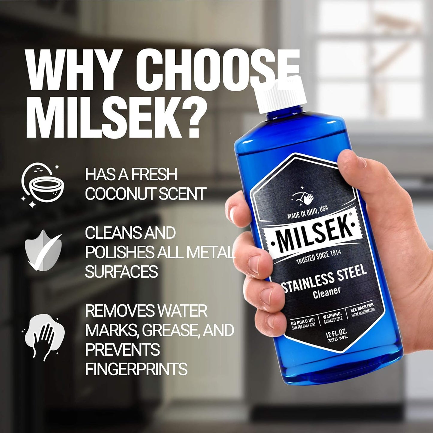 Milsek Stainless Steel Cleaner - Multipurpose Cleaning Supplies for Home and Kitchen Appliances, Sink, Stovetop, Dishwasher, Microwaves and Refrigerators - 12 Fl Oz (Pack of 1)