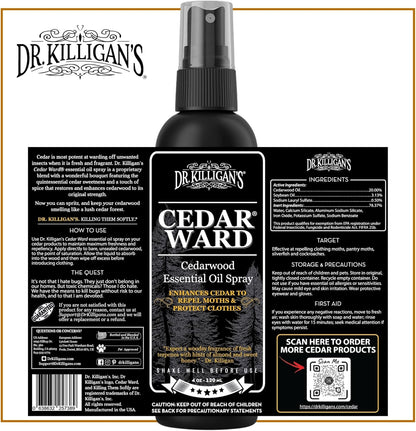 Dr. Killigan’s CedarWard Spray - 4 fl. oz. - Natural Cedar Oil Formula Restores Scent to Cedarwood Accessories, Closets, Drawers, Trunks, Chests, Pest and Moth Repellent for Clothes