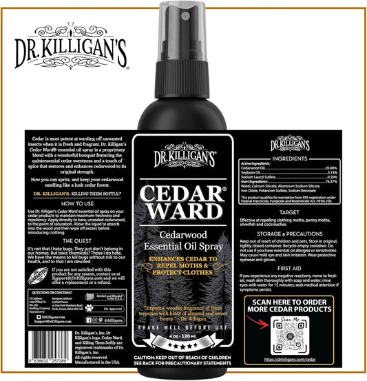 Dr. Killigan’s CedarWard Spray - 4 fl. oz. - Natural Cedar Oil Formula Restores Scent to Cedarwood Accessories, Closets, Drawers, Trunks, Chests, Pest and Moth Repellent for Clothes