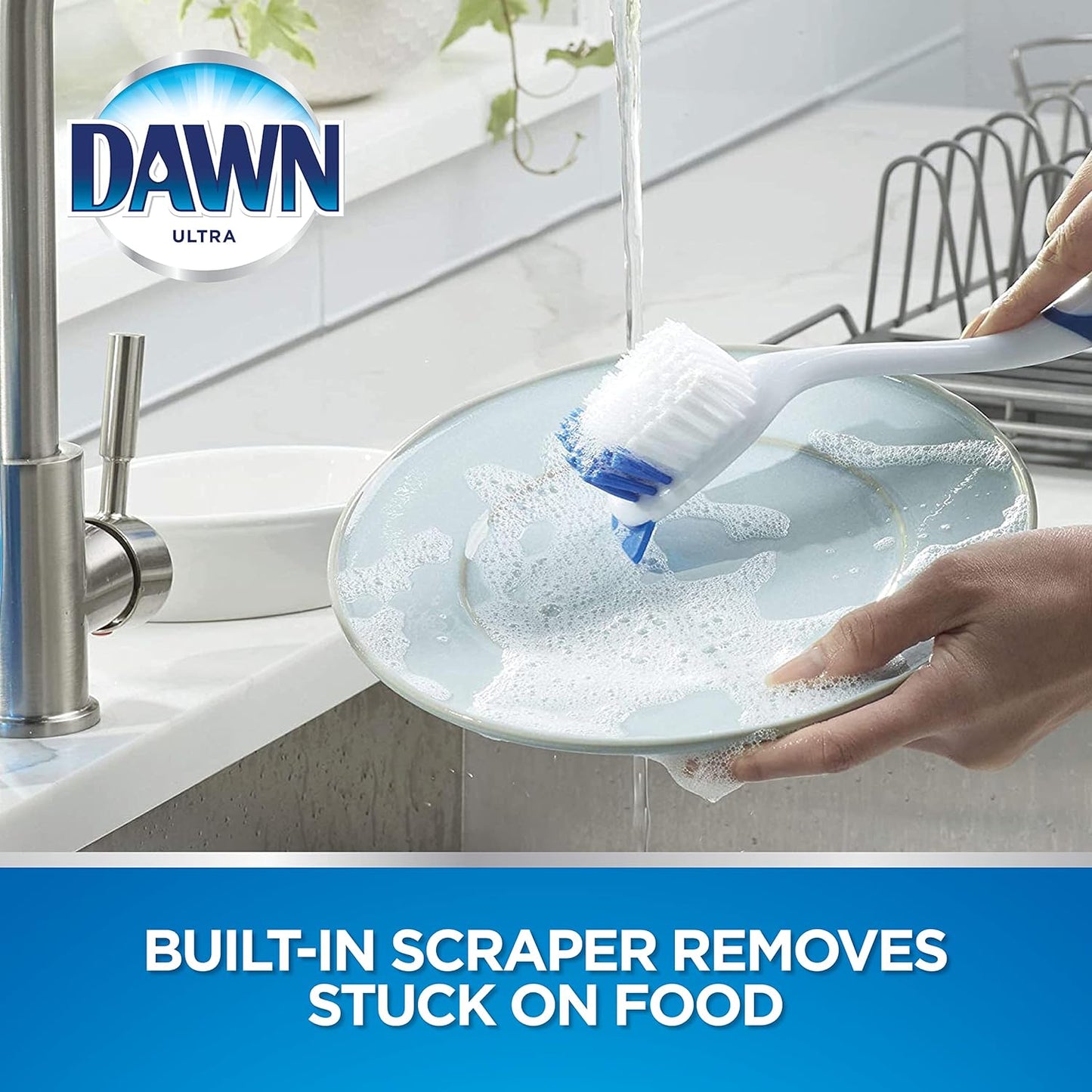 Dawn Dish Brush with Soft Nylon Bristles and Scraper, Blue/White