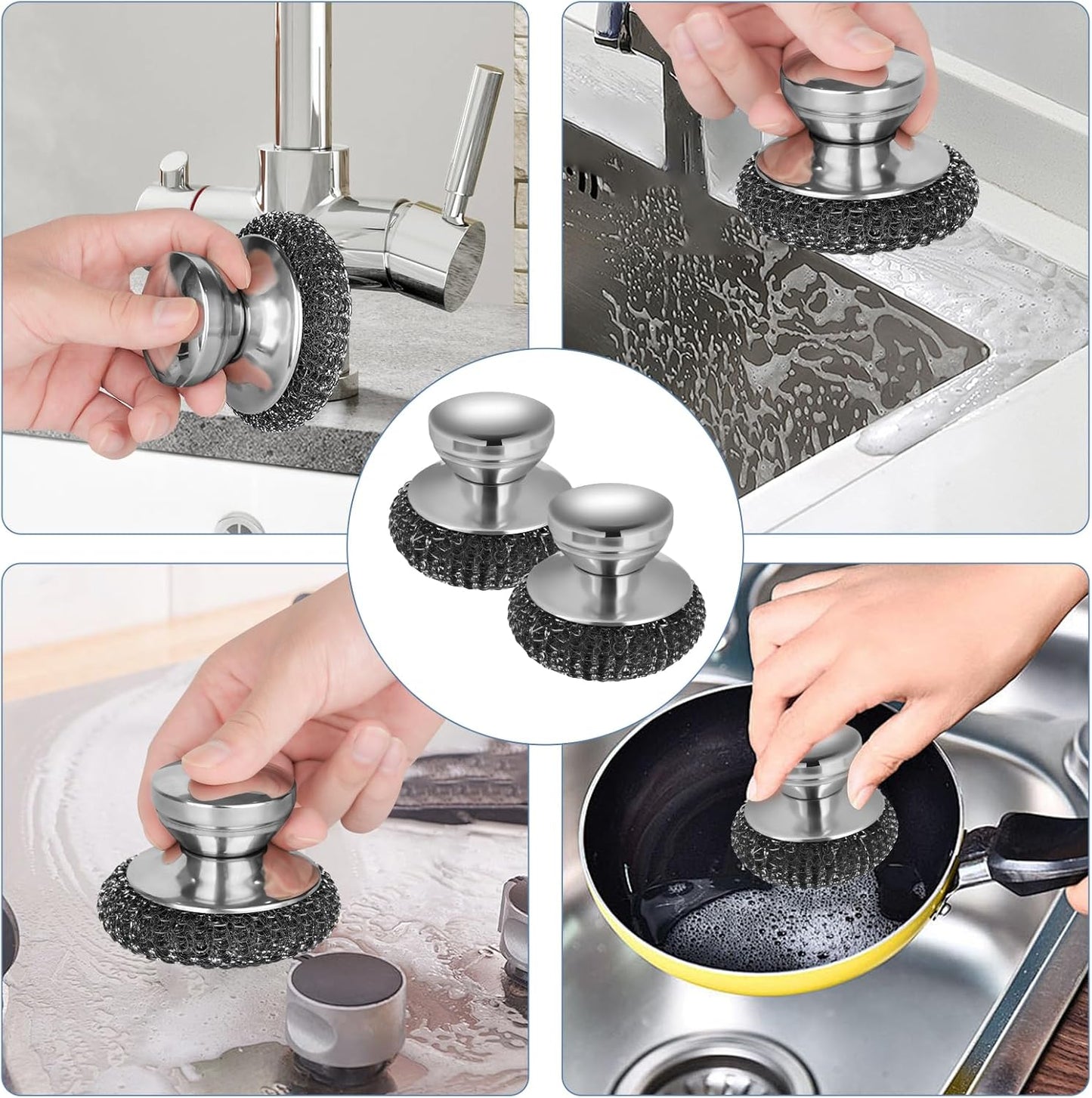 Onewly 4Pcs Steel Wool Scrubber Set, Stainless Steel Scrubber with Stainless Steel Handle, for Cleaning Dishes, Cast Iron, Stock Pots, Pans, Griddles, Grills