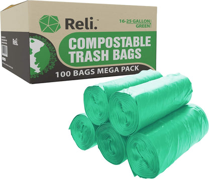 Reli. Compostable 16-25 Gallon Trash Bags | 100 Count Bulk | ASTM D6400 | Green | Eco-Friendly | For Compost