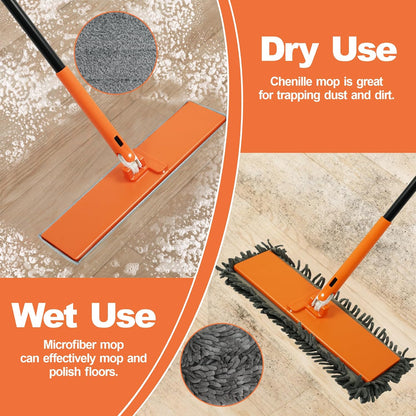 JEHONN Dust Mop for Hardwood Floors, Broom Duster with Unique 90° Foldable Panel, 2 Chenille and 2 Microfiber Pads, Dry Wet Flat Dustmop for Cleaning Vinyl, Laminate, Tile, Marble (Orange)