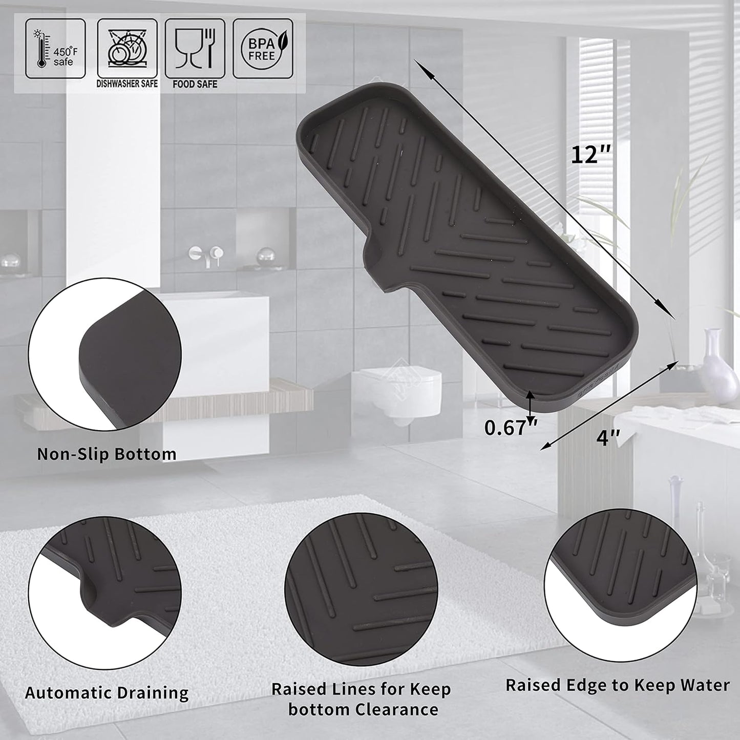 MicoYang Silicone Bathroom Soap Dishes with Drain Spout-Bathroom and Kitchen Sink Organizer,Sponge Holder,Dish Soap Tray,Perfect for Dispenser,Scrubber,Bottle,Cup on Sink or Counter-Black 4.9"×3.2"