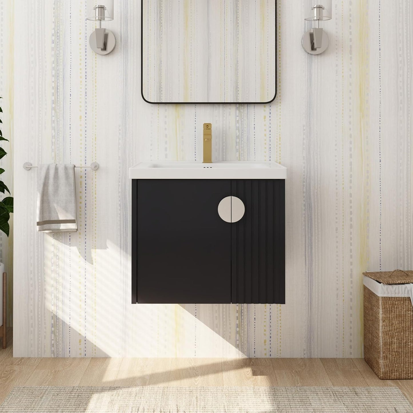 SSLine Modern 24-Inch Bathroom Vanity with Sink Wall Mounted Bathroom Vanity with Top Basin & Storage Cabinet White Wood Floating Vanity w/Ceramic Sink & Gold/Black Handles for Small Space