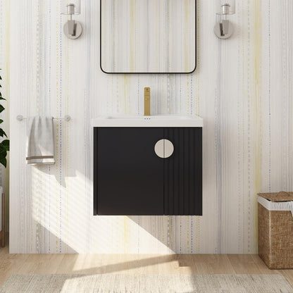 SSLine Modern 24-Inch Bathroom Vanity with Sink Wall Mounted Bathroom Vanity with Top Basin & Storage Cabinet White Wood Floating Vanity w/Ceramic Sink & Gold/Black Handles for Small Space