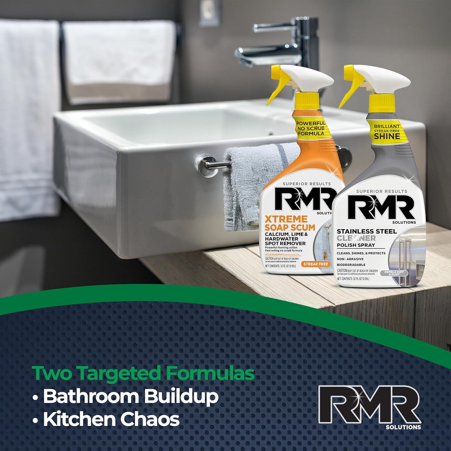 RMR Buildup Breakdown Bundle – Xtreme Soap Scum Remover + Stainless Steel Cleaner Polish, 2-Step Bathroom & Kitchen Cleaning Kit for Shower, Tub, Tile, Glass & Stainless Appliances, 2–32 Oz Bottles
