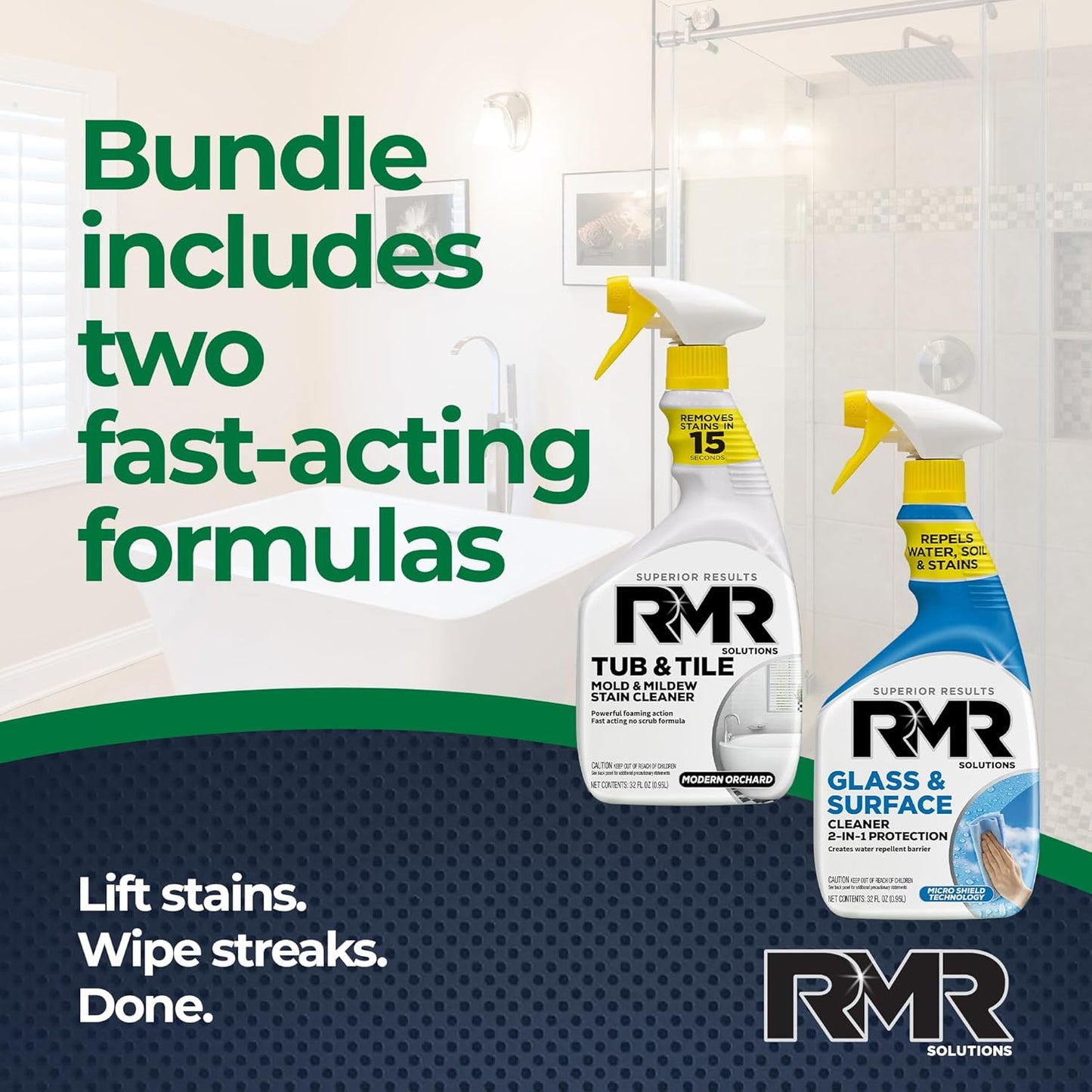 RMR Flawless Finish Bathroom Bundle – Tub & Tile Cleaner + Glass & Surface Cleaner Plus Repellent, 2-Step System for Shower, Tub, Tile, Grout, Glass Doors, & Mirrors, 2–32 Oz Bottles