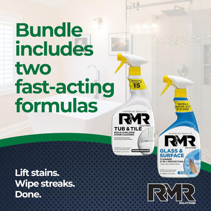 RMR Flawless Finish Bathroom Bundle – Tub & Tile Cleaner + Glass & Surface Cleaner Plus Repellent, 2-Step System for Shower, Tub, Tile, Grout, Glass Doors, & Mirrors, 2–32 Oz Bottles