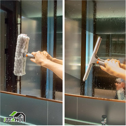 Window Washing Kit with Extension Pole, 10" Squeegee & 11" Microfiber Scrubber Combi with Stainless Steel Pole, Window Cleaner for Car, Sliding Door,Shower Glass Door-Swivel Style-2 Pads