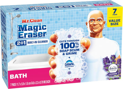Mr. Clean Magic Eraser Sponge, Bathroom Cleaner, Shower Cleaner, Tub Cleaner, Soap Scum Remover, Bathroom Cleaning Supplies, Dawn Cleaning Power with Febreze Lavender Scent, 5ct