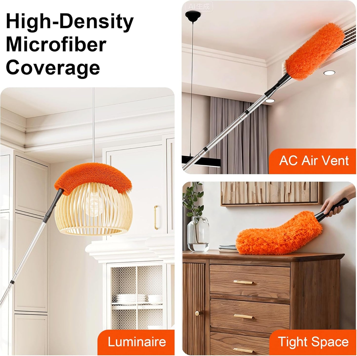 FEXIA Ceiling Fan Cleaner Duster Kit with 6FT Extension Pole, Fan Blade Cleaner Microfiber Cleaning Tool, Reusable Chenille Mops for Blinds Baseboard Wall Cobwebs Bookshelves Door Window Top