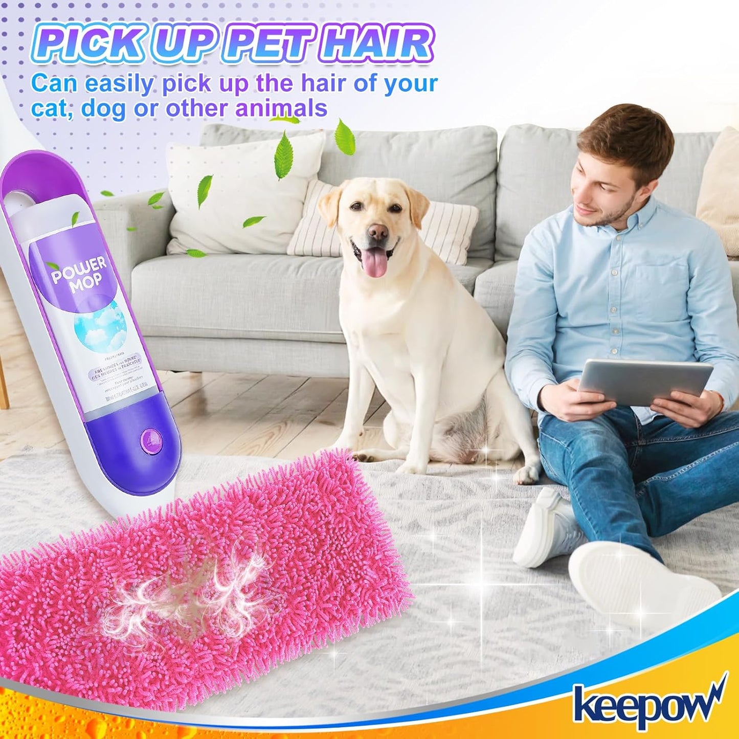KEEPOW Reusable Microfiber Mop Pads Compatible with Swiffer PowerMop 4 Pack, Power Mop Pads Refills for 13 ''-15 '' Spray Mop, Machine Washable Pad Replacement for Multi-Surface Floor Cleaning