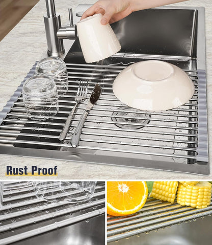 Tomorotec 17.7" x 15.5" Roll Up Dish Drying Rack Over Sink Drying Rack Sink Cover Kitchen Sink Accessories Gadget Multipurpose Organizer Foldable Stainless Steel Drainer (Grey)