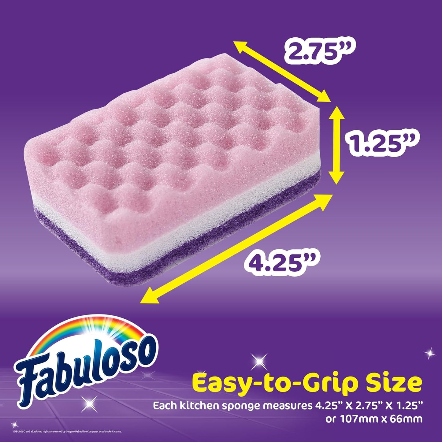 Fabuloso Scratch-Free Kitchen Dish Sponges, Purple Cellulose Scrubber Sponge with Scouring Pad for Dishes, Pots, Pans, Counters and Sinks, Tough on Messes, 4.25 x 2.75 x 1.25 in, 6 Count