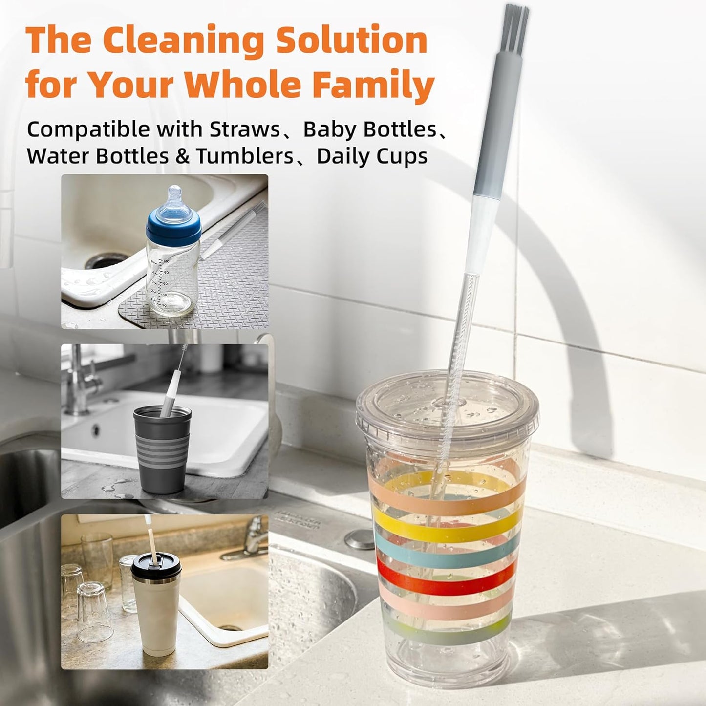 PROOCI Straw Cleaner Brush for Stanley, 2-Pack Multi 3 in 1 Long Straw Cleaning Brush Set for Reusable Straws, Tumblers, Lids, Sippy Cups, Water Bottle, Nipples & Fine Gaps - Orange & Gray