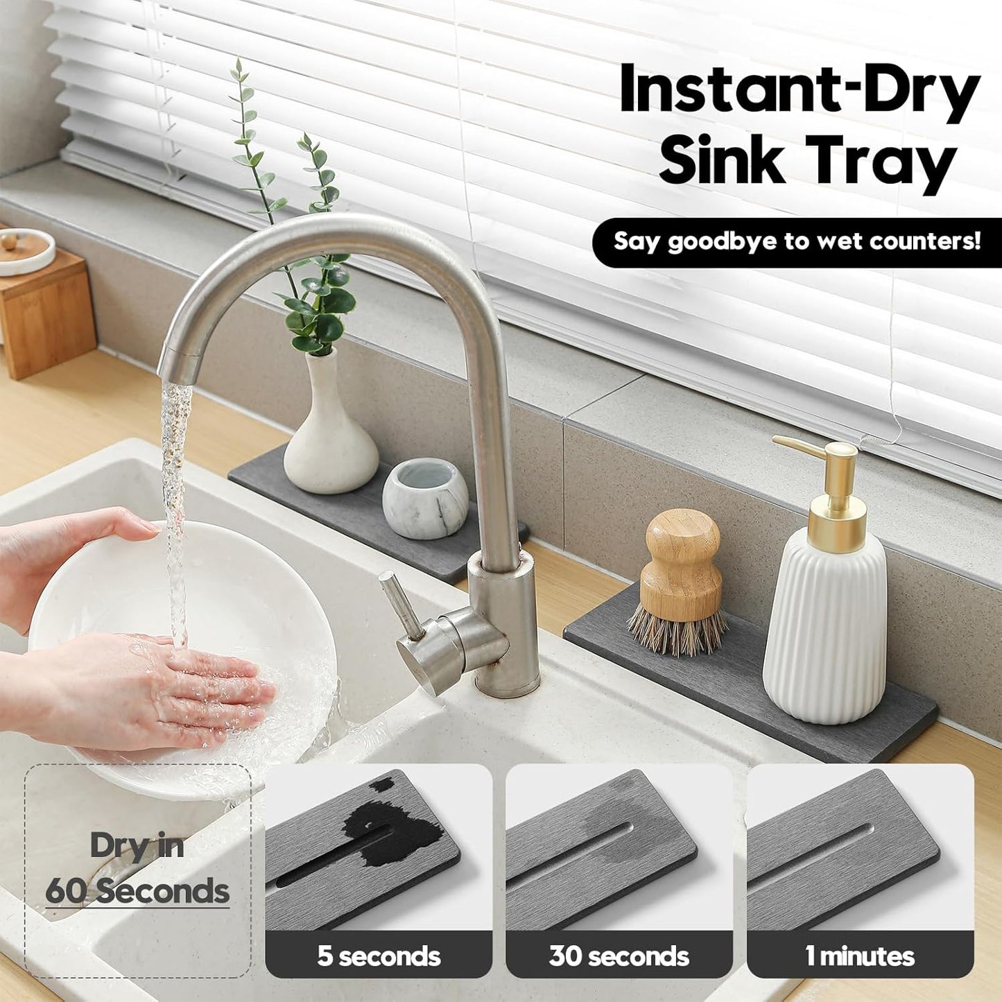 Fast Water Absorption Sink Organizer Tray Set, 3-Pack Compact and Space-Saving Stone Soap Holder Caddy for Kitchen & Bathroom Counter, Faucet Splash Guard, White (1pc of 8"x3.8" + 2pcs of 3.8"x3.8")