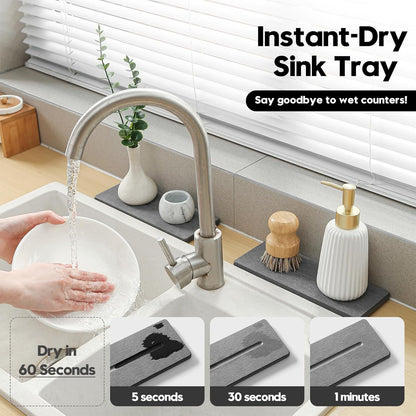 Fast Water Absorption Sink Organizer Tray Set, 3-Pack Compact and Space-Saving Stone Soap Holder Caddy for Kitchen & Bathroom Counter, Faucet Splash Guard, White (1pc of 8"x3.8" + 2pcs of 3.8"x3.8")
