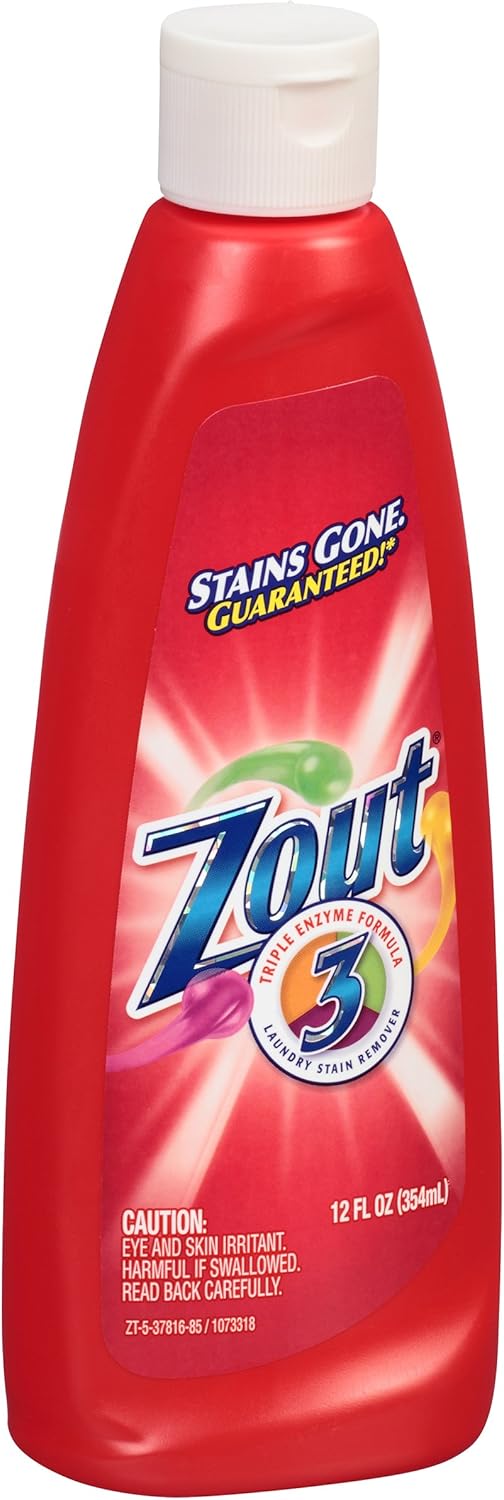 Zout Laundry Stain Remover, Triple Enzyme Formula for Blood, Tomato Sauce, & Oil Stains, Made in USA, 12 Ounce Squeeze Bottle with Flip Top Cap
