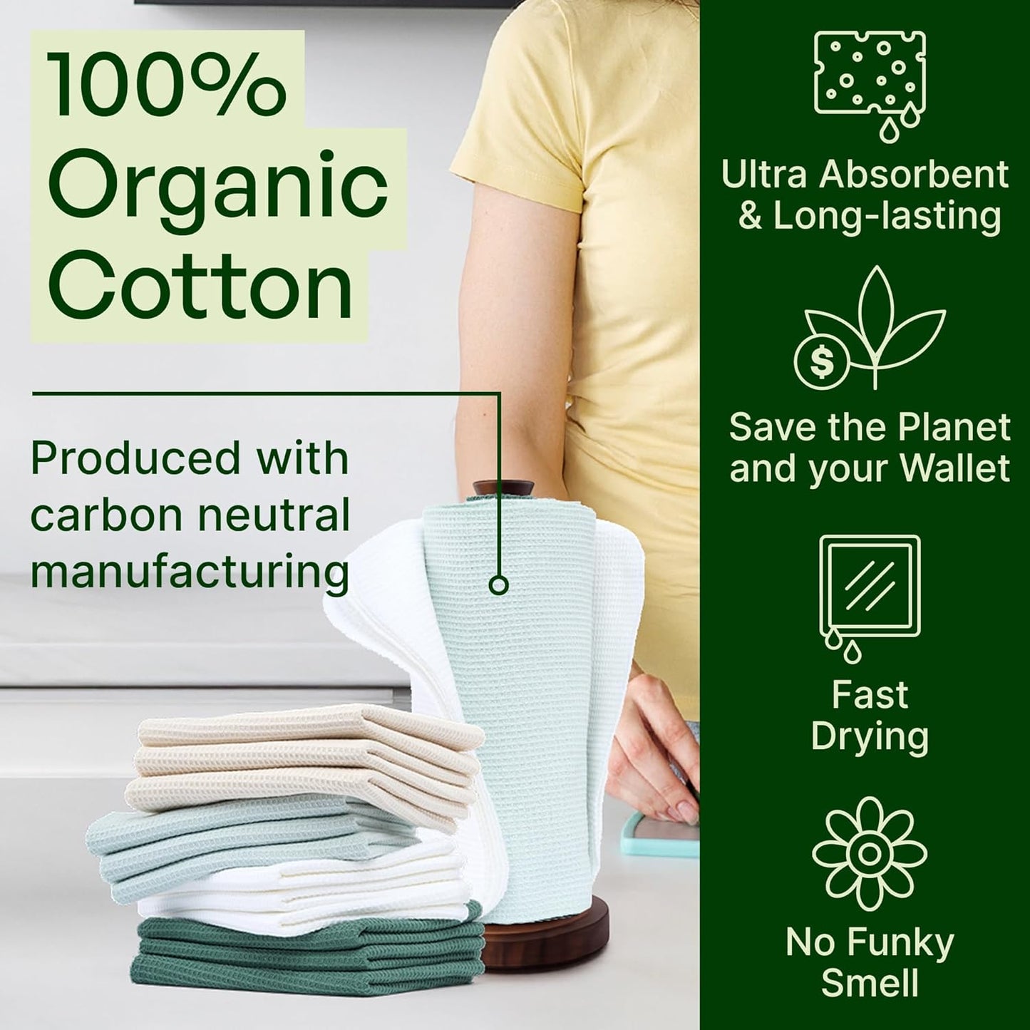 mioeco 20 Pack Reusable Kitchen Paper Towels Washable - Super Absorbent Natural unPaper Towels - Natural Cotton - Reusable, Paperless Kitchen Dish Cloths - 100% Organic