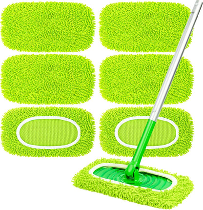 6 Pack Reusable Mop Pads Compatible with Swiffer Sweeper, Chenille Mop Refill Pads, Dry & Wet Mopping Cloths for Floor Cleaning -Pink