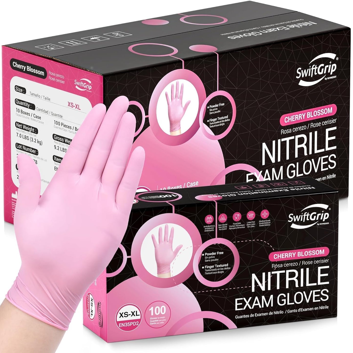 SwiftGrip Pink Nitrile Gloves, 3-mil, Industrial Gloves Disposable Latex Free, for Cleaning & Esthetician, Rubber Powder-Free, 100-ct Box (Small)