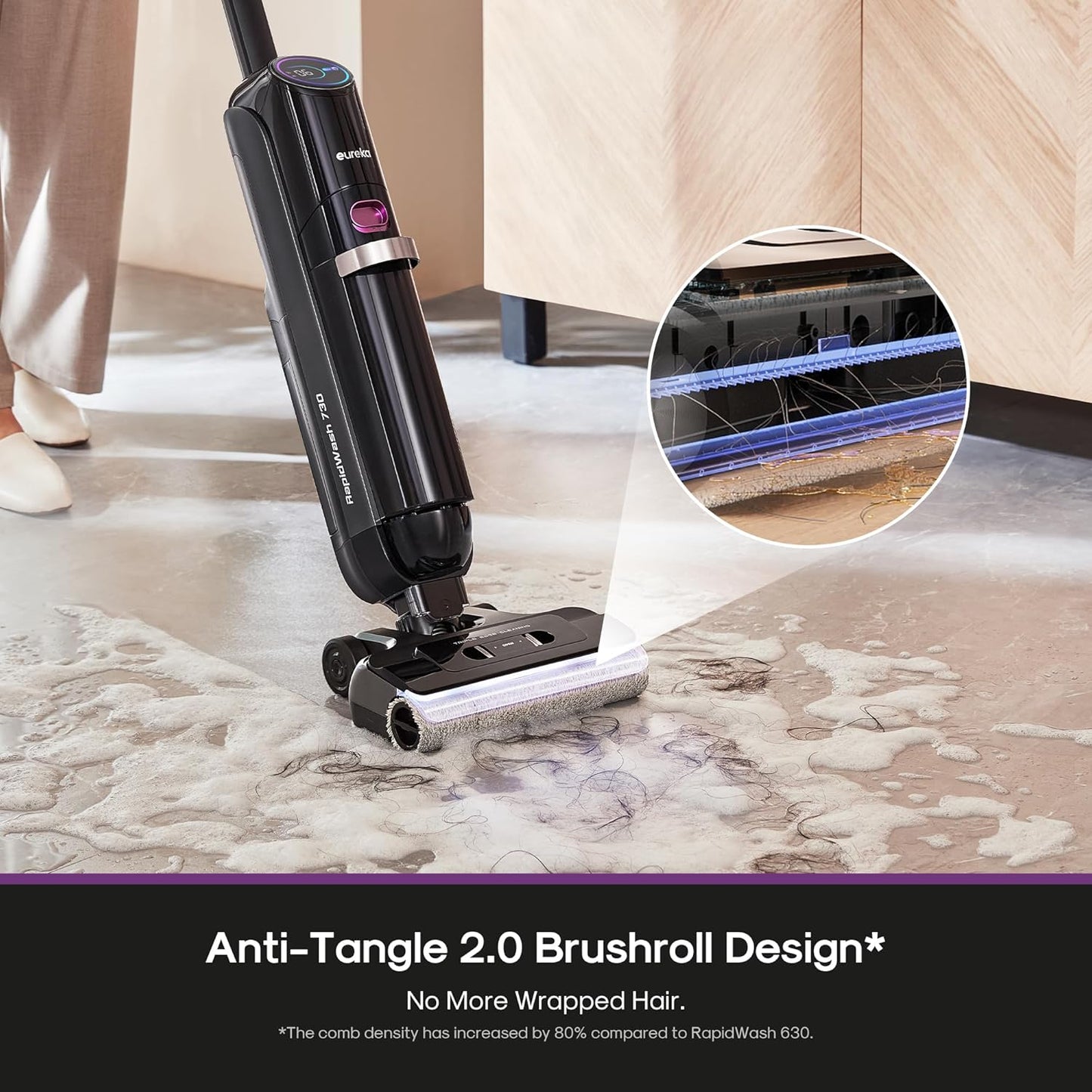 Eureka Cordless Wet Dry Cleaner, 170° Reclinable, Hot Air Drying Self Cleaning Vacuum and Mop Combo, Good for Hard Floors Pet Hair Sticky Messes, RapidWash 630, Purple