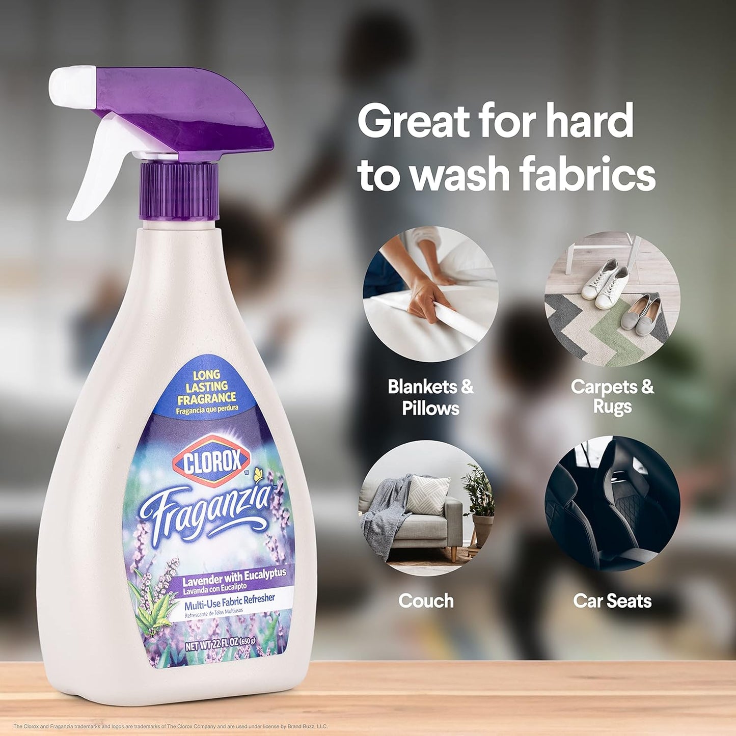 Clorox Fraganzia Refresher Spray, Lavender with Eucalyptus Scent - Multi-Use Fabric and Linen Freshener, Odor Eliminator for Home, Couches, and Soft Upholstery, 22 Fl Oz