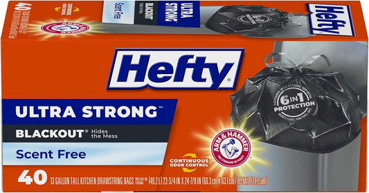 Hefty Ultra Strong 13 Gallon Trash Bags, Tall Kitchen Trash Bags 13 Gallon Size, Drawstring Closure, Continuous Odor Control, White, Unscented, 80 Bags